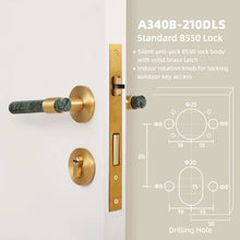Load image into Gallery viewer, INSPIRA LIFESTYLES - Jade Door Lever Sets, green marble door lever handles with brass accents, cylindrical marble handles, round backplates, contemporary designer door hardware
