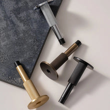Load image into Gallery viewer, INSPIRA LIFESTYLES - Knurled Wall Door Stops with crisscross diamond-pattern detailing, adjustable length and rubber cushion pads in Matte Black, Satin Brass, Bright Chrome and Antique Bronze.
