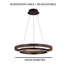 Load image into Gallery viewer, INSPIRA LIFESTYLES – Anello Duo Chandelier – sculptural two-tier chandelier with wood-patterned ring and matte black ring. Modern LED light fixture for dining rooms, living rooms, stairwells, offices, and transitional interiors.
