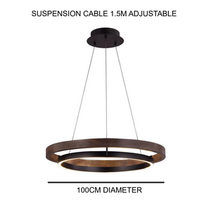 INSPIRA LIFESTYLES – Anello Duo Chandelier – sculptural two-tier chandelier with wood-patterned ring and matte black ring. Modern LED light fixture for dining rooms, living rooms, stairwells, offices, and transitional interiors.