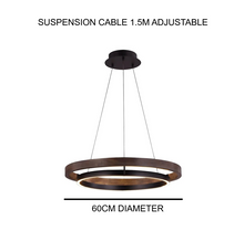Load image into Gallery viewer, INSPIRA LIFESTYLES – Anello Duo Chandelier – sculptural two-tier chandelier with wood-patterned ring and matte black ring. Modern LED light fixture for dining rooms, living rooms, stairwells, offices, and transitional interiors.
