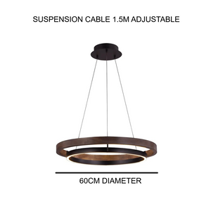 INSPIRA LIFESTYLES – Anello Duo Chandelier – sculptural two-tier chandelier with wood-patterned ring and matte black ring. Modern LED light fixture for dining rooms, living rooms, stairwells, offices, and transitional interiors.