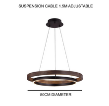 Load image into Gallery viewer, INSPIRA LIFESTYLES – Anello Duo Chandelier – sculptural two-tier chandelier with wood-patterned ring and matte black ring. Modern LED light fixture for dining rooms, living rooms, stairwells, offices, and transitional interiors.
