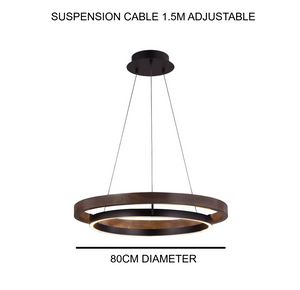INSPIRA LIFESTYLES – Anello Duo Chandelier – sculptural two-tier chandelier with wood-patterned ring and matte black ring. Modern LED light fixture for dining rooms, living rooms, stairwells, offices, and transitional interiors.