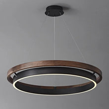 Load image into Gallery viewer, INSPIRA LIFESTYLES – Anello Duo Chandelier – sculptural two-tier chandelier with wood-patterned ring and matte black ring. Modern LED light fixture for dining rooms, living rooms, stairwells, offices, and transitional interiors.
