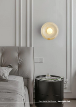 Load image into Gallery viewer, INSPIRA LIFESTYLES Elara Marble Wall Sconce natural jade onyx marble stone wall light circular stone wall sconce frosted globe diffuser modern architectural lighting spa bathroom wall light luxury hospitality wall lighting minimalist stone wall fixture

