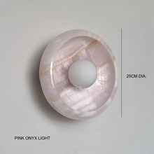 Load image into Gallery viewer, INSPIRA LIFESTYLES Elara Marble Wall Sconce natural jade onyx marble stone wall light circular stone wall sconce frosted globe diffuser modern architectural lighting spa bathroom wall light luxury hospitality wall lighting minimalist stone wall fixture
