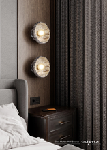 Load image into Gallery viewer, INSPIRA LIFESTYLES Elara Marble Wall Sconce natural jade onyx marble stone wall light circular stone wall sconce frosted globe diffuser modern architectural lighting spa bathroom wall light luxury hospitality wall lighting minimalist stone wall fixture
