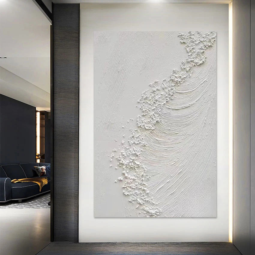 INSPIRA LIFESTYLES | Nami Series Acrylic Paintings all-white acrylic paintings displayed together, each with a unique highly textured wave pattern, creating a cohesive monochrome art collection for a modern wall.