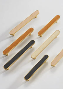 INSPIRA LIFESTYLES - Sarto Leather Handles, leather cabinet handles, genuine leather knobs, brushed brass pulls, black leather handle, orange leather knob, beige cabinet pull, khaki drawer handle, modern kitchen hardware, bespoke cabinet hardware, luxury leather handle.