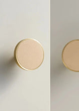 Load image into Gallery viewer, INSPIRA LIFESTYLES - Sarto Leather Handles, leather cabinet handles, genuine leather knobs, brushed brass pulls, black leather handle, orange leather knob, beige cabinet pull, khaki drawer handle, modern kitchen hardware, bespoke cabinet hardware, luxury leather handle.
