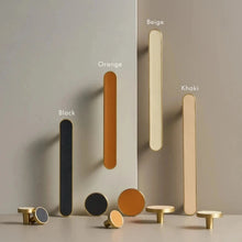 Load image into Gallery viewer, INSPIRA LIFESTYLES - Sarto Leather Handles, leather cabinet handles, genuine leather knobs, brushed brass pulls, black leather handle, orange leather knob, beige cabinet pull, khaki drawer handle, modern kitchen hardware, bespoke cabinet hardware, luxury leather handle.
