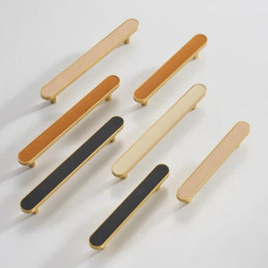 INSPIRA LIFESTYLES - Sarto Leather Handles, leather cabinet handles, genuine leather knobs, brushed brass pulls, black leather handle, orange leather knob, beige cabinet pull, khaki drawer handle, modern kitchen hardware, bespoke cabinet hardware, luxury leather handle.