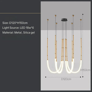 Siliq Sculptural Light with handcrafted silicone forms and metallic segmented cables, single minimalist pendant with glowing silicone tube, dramatic chandelier version of Siliq Light for high ceilings, floor-to-ceiling sculptural lighting installation in modern interior, flexible silicone light tubes emitting soft ambient glow, artistic designer light fixture styled in dining room, contemporary sculptural lighting as statement piece in commercial space.