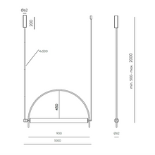 Load image into Gallery viewer, Solari Arc Light with brass arc and linear LED tube, sculptural pendant available in gold or black finish, pair of Solari Arc Lights hanging in modern dining space, minimalist arc pendant styled in office interior, contemporary pendant lighting with sleek LED tube, statement arc light fixture for high ceiling interiors. Technical drawing 
