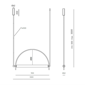 Solari Arc Light with brass arc and linear LED tube, sculptural pendant available in gold or black finish, pair of Solari Arc Lights hanging in modern dining space, minimalist arc pendant styled in office interior, contemporary pendant lighting with sleek LED tube, statement arc light fixture for high ceiling interiors. Technical drawing 