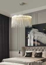 Load image into Gallery viewer, INSPIRA LIFESTYLES - Metal Tassel Chandelier, chain tassel chandelier, luxury metal chandelier, modern tassel pendant light, chrome chain chandelier, rose gold chandelier lighting, hospitality interior lighting
