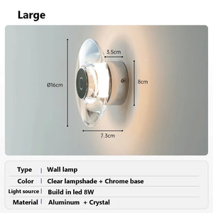 Inspira Lifestyles | Onda Crystal Wall Light with round optical crystal disc and chrome center, mounted as a modern LED wall or ceiling sconce.