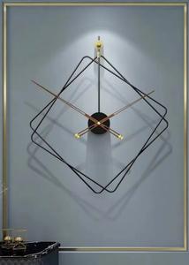 Oversized Thierry Wall Clock with minimalist iron frame and wooden arms, sculptural geometric wall clock as statement decor, modern wall clock styled in living room, large decorative wall clock in entryway, close-up of wooden hands on Thierry Wall Clock, contemporary geometric clock on neutral wall. Modern wall clock with geometric design on a gray wall