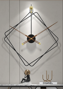Oversized Thierry Wall Clock with minimalist iron frame and wooden arms, sculptural geometric wall clock as statement decor, modern wall clock styled in living room, large decorative wall clock in entryway, close-up of wooden hands on Thierry Wall Clock, contemporary geometric clock on neutral wall.