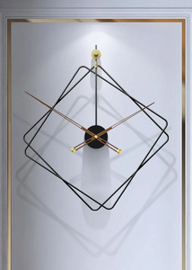 Oversized Thierry Wall Clock with minimalist iron frame and wooden arms, sculptural geometric wall clock as statement decor, modern wall clock styled in living room, large decorative wall clock in entryway, close-up of wooden hands on Thierry Wall Clock, contemporary geometric clock on neutral wall. Modern wall clock with geometric design on a light gray background