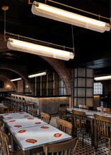 Load image into Gallery viewer, INSPIRA LIFESTYLES - Viso Linear Pendant, modern ribbed acrylic linear LED light, iron frame pendant lighting over kitchen island, dining table linear pendant, contemporary boardroom linear fixture
