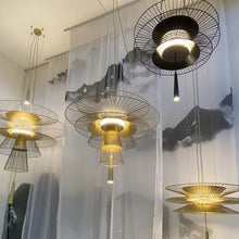 Load image into Gallery viewer, INSPIRA LIFESTYLES - Veret Modern Chandelier – sculptural wire pendant light with tiered fan-shaped rods. A striking abstract lighting fixture ideal for living rooms, dining areas, hotels, and restaurants. Modern chandelier, stair light, accent light, and iron pendant lighting all in one elegant design.
