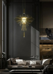 INSPIRA LIFESTYLES - Veret Modern Chandelier – sculptural wire pendant light with tiered fan-shaped rods. A striking abstract lighting fixture ideal for living rooms, dining areas, hotels, and restaurants. Modern chandelier, stair light, accent light, and iron pendant lighting all in one elegant design.