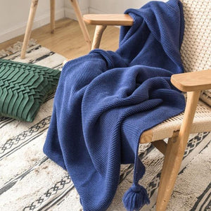 INSPIRA LIFESTYLES - Solid Knit Throw w/ Pompom - ACCENT THROW, BED THROW, BLANKET, DECORATIVE THROW, KNIT BLANKET, KNIT THROW, KNITTED BLANKET, SOFTGOODS, THROW, THROW BLANKET, YARN THROW