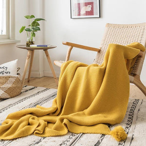 INSPIRA LIFESTYLES - Solid Knit Throw w/ Pompom - ACCENT THROW, BED THROW, BLANKET, DECORATIVE THROW, KNIT BLANKET, KNIT THROW, KNITTED BLANKET, SOFTGOODS, THROW, THROW BLANKET, YARN THROW