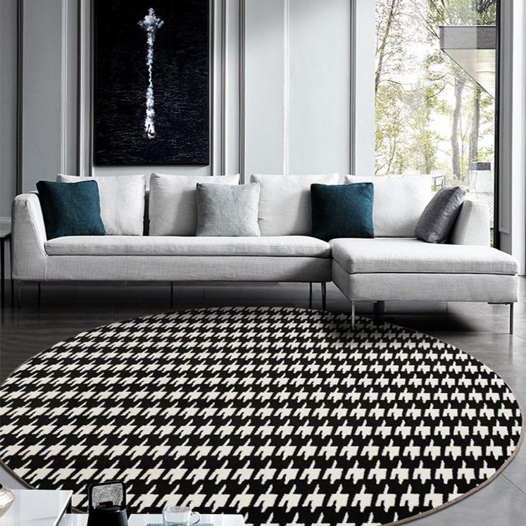 INSPIRA LIFESTYLES - Houndstooth Round Area Rug - ACCENT RUG, AREA RUG, BEDROOM CARPET, BLACK AND WHITE, CARPET, COMMERCIAL, DINING ROOM CARPET, FLOOR MAT, HOTEL, HOTEL CARPET, HOUNDSTOOTH, LIVING ROOM CARPET, OFFICE CARPET, PILE CARPET, RUG, WOVEN RUG