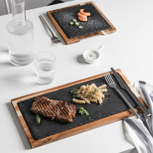 Load image into Gallery viewer, INSPIRA LIFESTYLES - Natural wooden Board with slate stone Tray Cuisine Sushi BBQ plate pad steak Dessert cake Tray kitchen dish restaurant supplies - CHEESE PLATTER, PLATTER, SERVING PLATTER, SERVING TRAY, SERVING WARE, SLATE PLATTER, SUSHI PLATTER, TABLEWARE, WOOD BOARD, WOOD PLATE, WOOD TRAY
