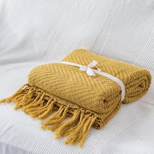 Load image into Gallery viewer, INSPIRA LIFESTYLES - Mustard Chevron Knit Throw - ACCENT THROW, BED THROW, BLANKET, DECORATIVE THROW, KNIT THROW, KNITTED BLANKET, SOFTGOODS, TASSEL THROW, THROW, THROW BLANKET, TRAVEL BLANKET, YARN THROW
